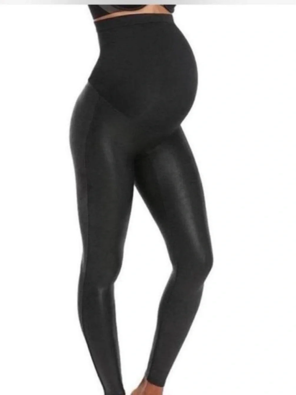 Maternity High-Waist Black faux leather Leggings - Picture 1 of 8